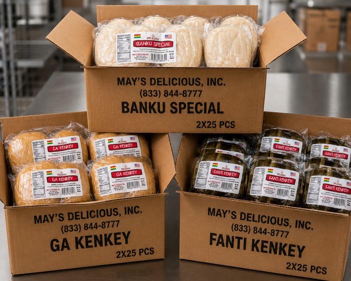 Boxes of May’s Delicious Banku, Ga Kenkey and Fanti Kenkey ready to ship